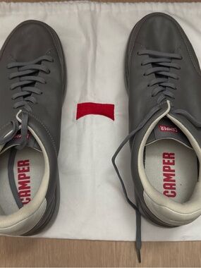 Camper Men’s Gray Leather Lace-Up Sneakers with Cream Collar